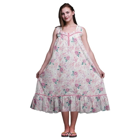 

Bimba Light Pink Flower Watercolor Leaves & Floral Sleeveless Cotton Nightgowns for Women Printed Mid-Calf Length Sleepwear Small