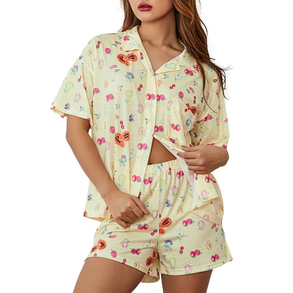 Women’s 2 Piece Pajamas Set Short Sleeve Print Button Down Shirt   Shorts Set Loungewear