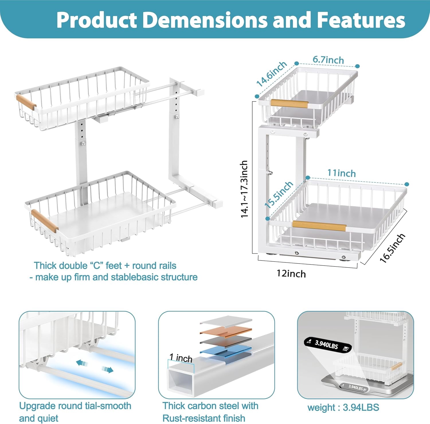Under Sink Organizer 2 Pack, 2 Tier Slide Out Large Capacity Height Adjustable Under Sink Organizers and Storage for Kitchen Bathroom Cabinet, White