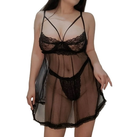 

Voguele Women Chemise Deep V Neck Lingerie Lace Oversize Nightwear Plus Size Ladies Backless Mesh Sexy Sheer Black XL