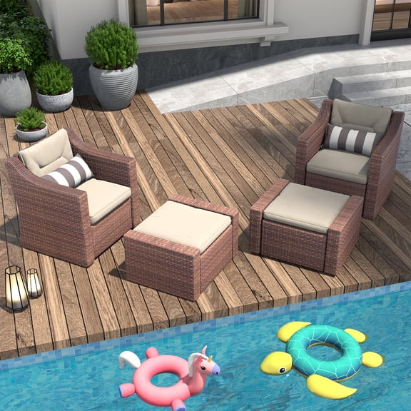 4-Piece All-Weather Wicker Patio Furniture Set, Outdoor Chairs & Ottoman Set With Soft Cushions For Backyard, Garden, Poolside