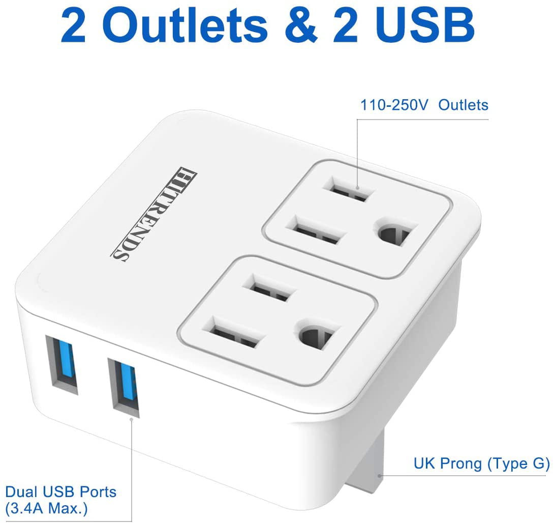 Travel Plug Adapter with 2 USB Ports for USA to British England Scotland Light Weight Safe Grounded Type G Compact UK Ireland Hong Kong Power Adapter 