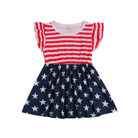 

Bagilaanoe 4th of July Dress forToddler Baby Girl Star Strip Print Fly Sleeve A-line Dresses 6M 12M 18M 24M 3T 4T Kids Independence Day Skirts