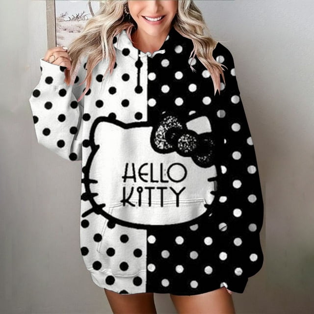 Automne Hiver Femmes Décontracté Mignon Hello Kitty Imprimé Manches Longues Chandail à Cordon Style Mignon Chandail à Capuche 2024