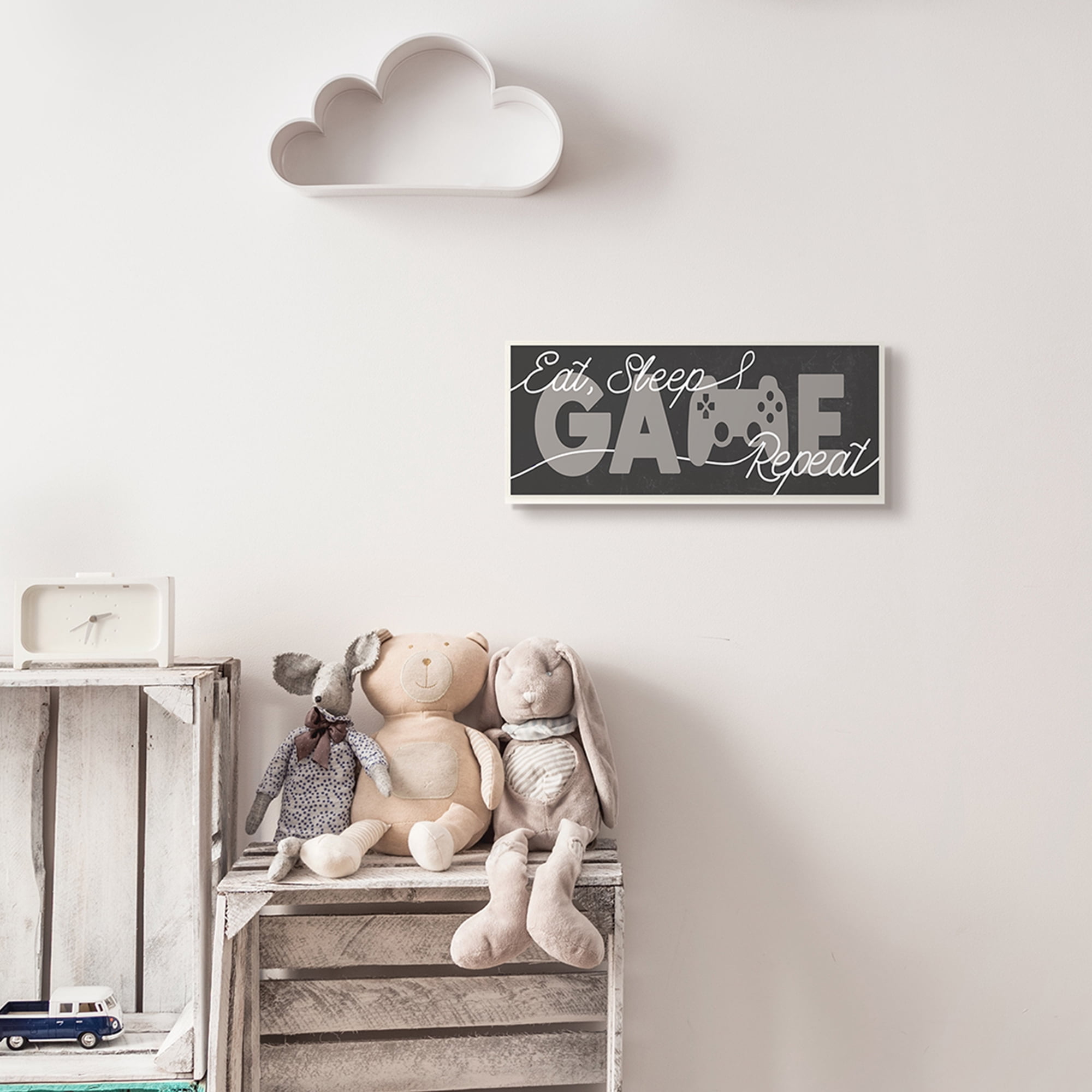 Stupell Industries Eat Sleep Game Repeat Phrase Minimal Grey Controller Inspirational Painting Unframed Art Print Wall Art, 7 x 17