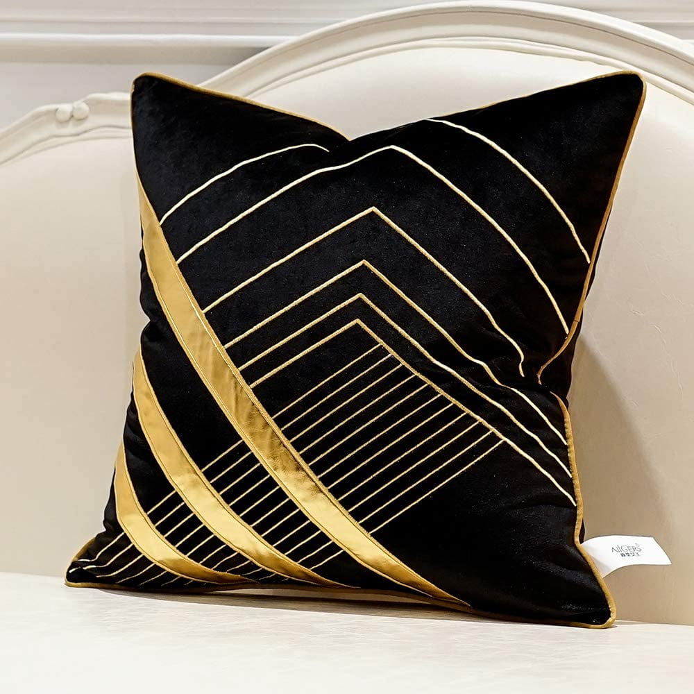 Htooq 18 X 18 Inches Black Gold Leather Striped Embroidered Cushion Cases Luxury European Throw Pillow Covers Decorative Pillows For Couch Living Room