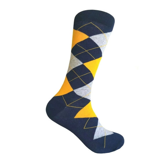 Men's Mid-calf Argyle Plaid Scottish Tartan Wedding Groomsman Gift Party Events Father's Day Presents Dress Casual Socks in Navy with Gold Yellow and Gray Color