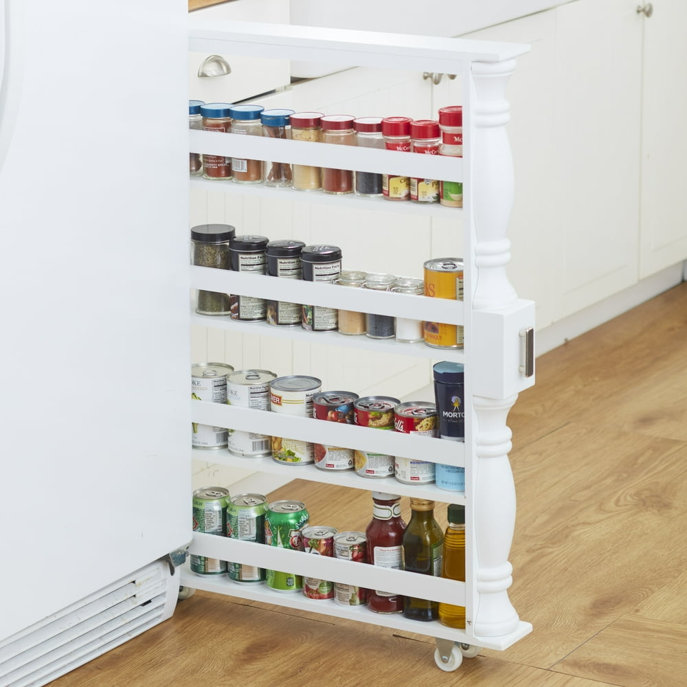 Wooden Can Organizer & Spice Rack Slim Rolling Kitchen Cart