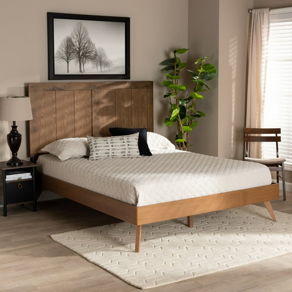 Baxton Studio Amira Mid-Century Wood Back Support Platform Bed, Queen, Ash Walnut