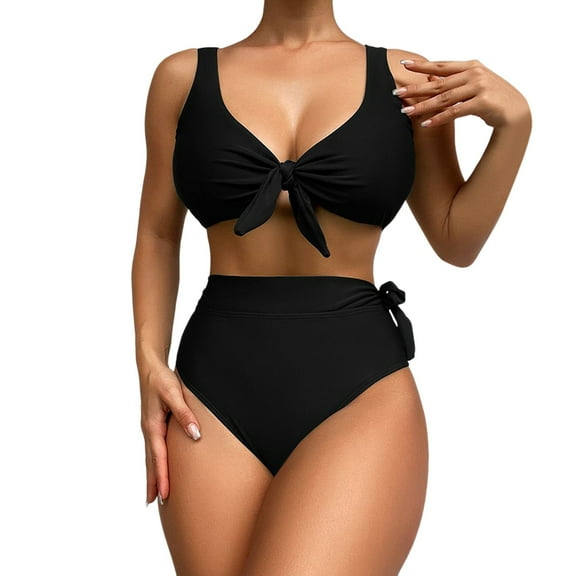 MIXUE Swim Suits for Women Solid Color High Waisted Bikini Sets for Women Block Two Piece Drawstring Swimwears Beachwear,Black,L
