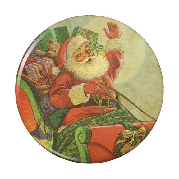 Christmas Holiday Retro Antique Santa Sleigh Pinback Button Pin