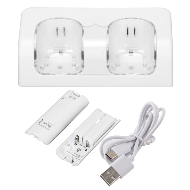 Cargador de batería remoto con cable de alimentación, estación de carga dual portátil estable para control remoto de juegos de Wii, batería blanca