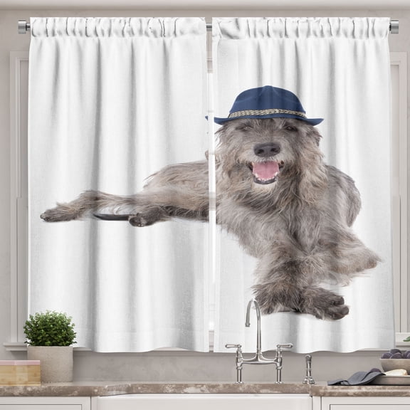 Ambesonne Irish Wolfhound Kitchen Curtains, Dog in a Hat Image, 55"x45", White and Warm Taupe