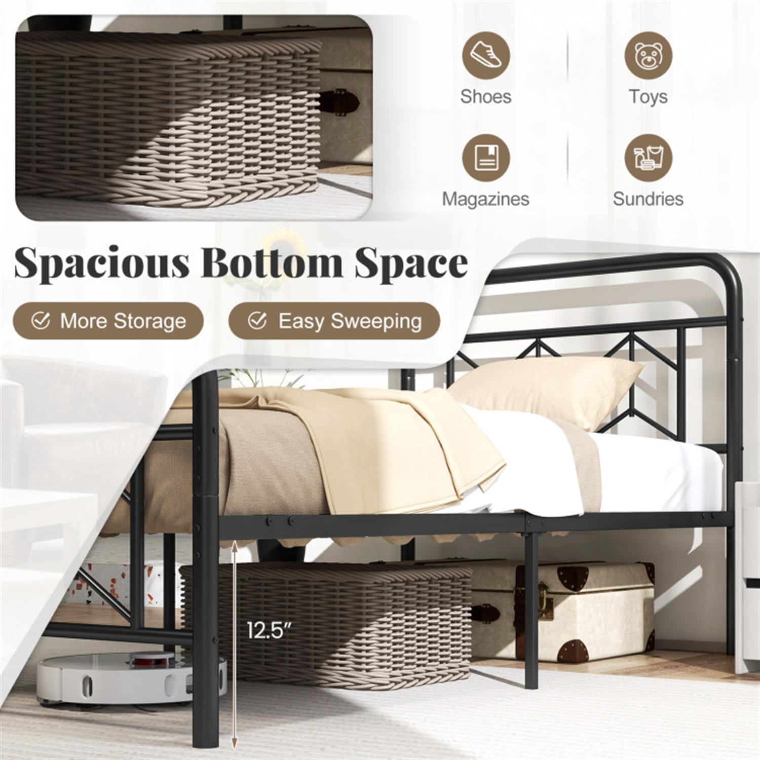 Demi Bonn Twin Size Bed Frame with High Headboard and Snap Lock Metal Slats, Platform Bed Frame with Under Bed Storage, No Box Spring Needed, Black