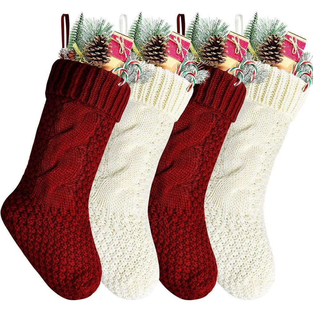 Wofair Unique Burgundy and Ivory White Knit Christmas Stockings, 4 Pack