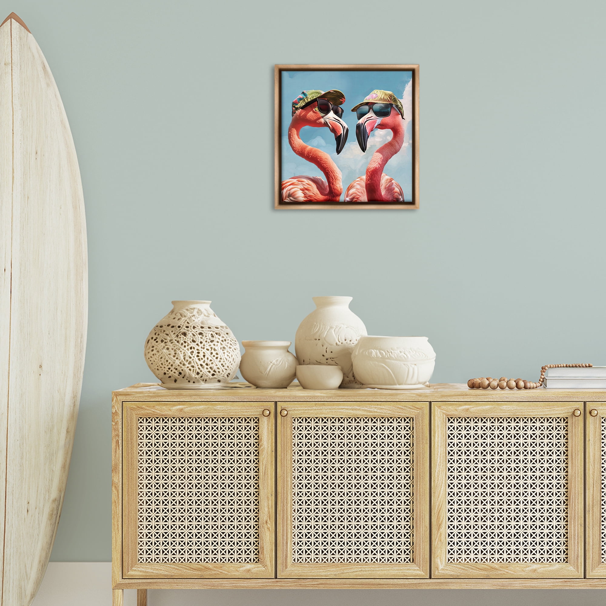Stupell Industries Flamingos with Tropical Hats Animals Painting Brown Floater Framed Canvas Art Print Wall Art, 18 x 18