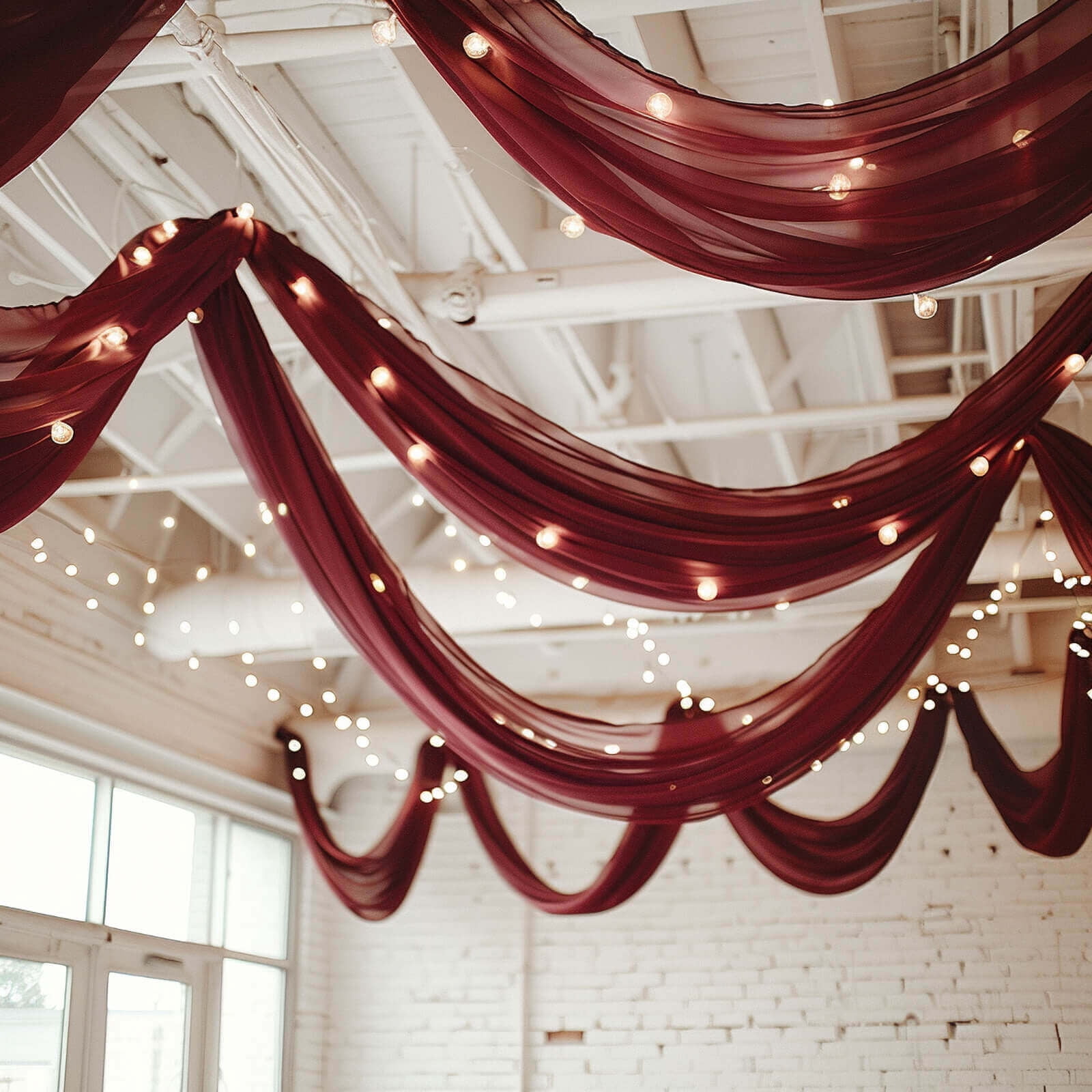 Efavormart 5ftx32ft Premium Burgundy Chiffon Curtain Panel, Backdrop Ceiling Drapery With Rod Pocket