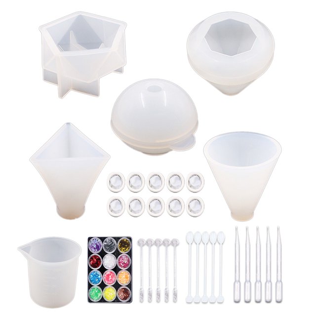 Injueey Moldes de silicona antiadherentes para decoración de arte de fundición, 43 piezas, moldes de resina, taza medidora de lentejuelas, fabricación Artesanía Injueey HA009846-00
