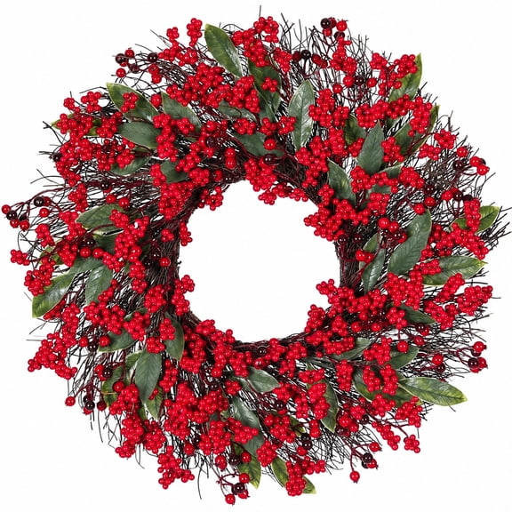 19 inches Christmas Wreaths Red Berry Wreath, Xmas Wreath with Berries for Front Door, Holly Winterberry Wreath for Home Christmas Wall Fireplace Window Party Holiday Decor