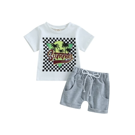 

TFFR 2pcs Toddler Baby Boys Shorts Set Tree Letters Print Short Sleeve T-shirt Elastic Waist Shorts