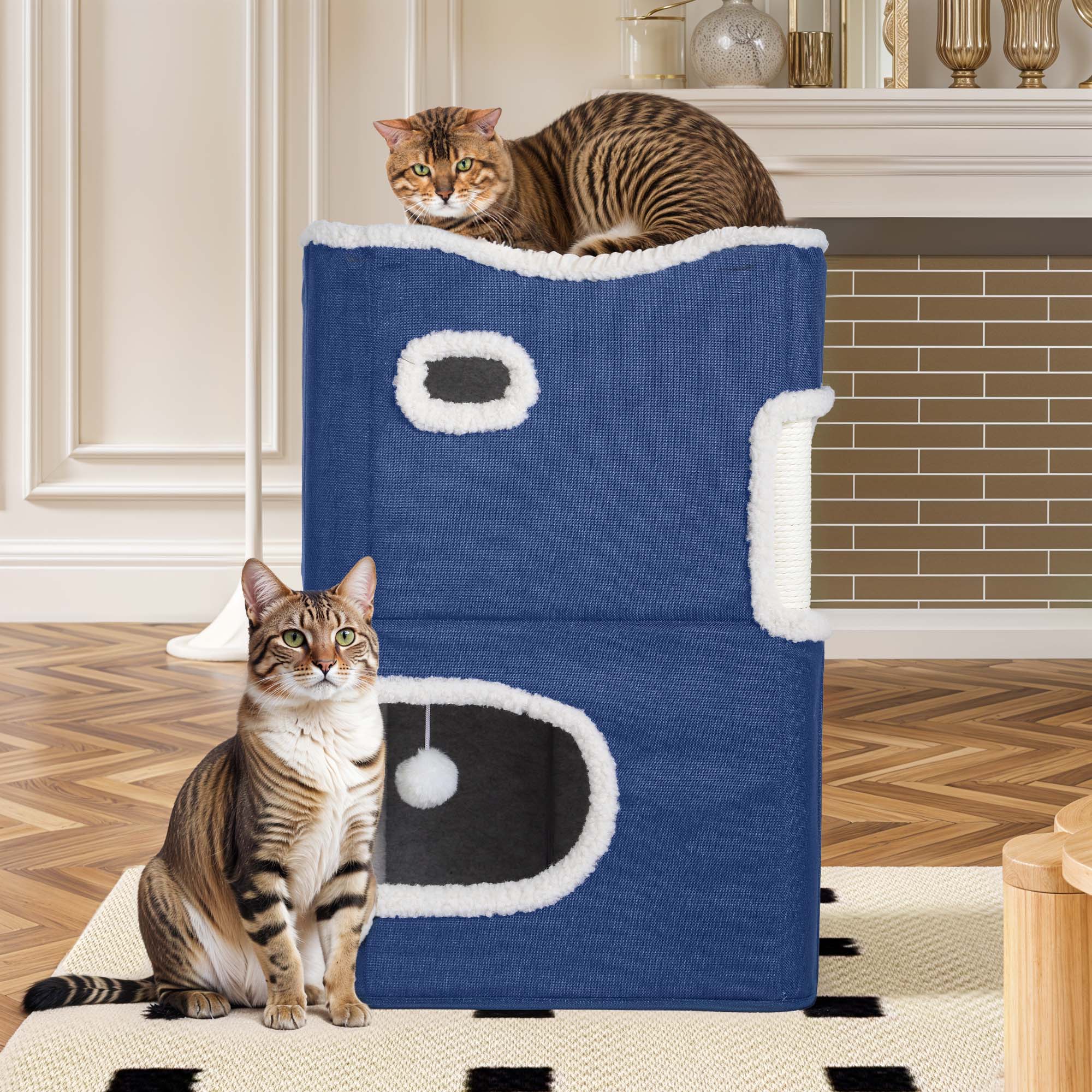 Uforic 2-Tier Indoor Cat Condo with Scratch Pad, Tunnels & Hideaway Cube, Navy Blue