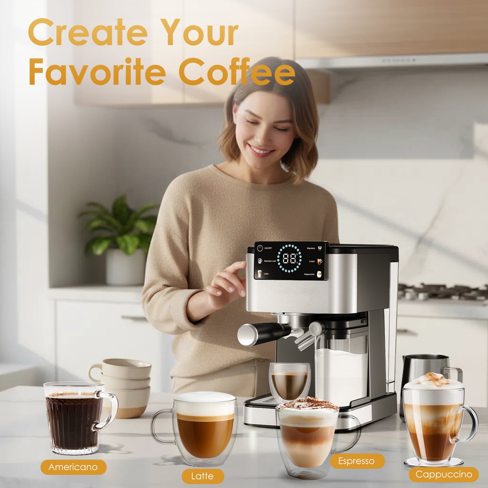 20 Bar Espresso Machine - Automatic Milk Frother, 1350W 30s Fast Heating, Touchscreen, ESE Pod Compatible, Black+Silver