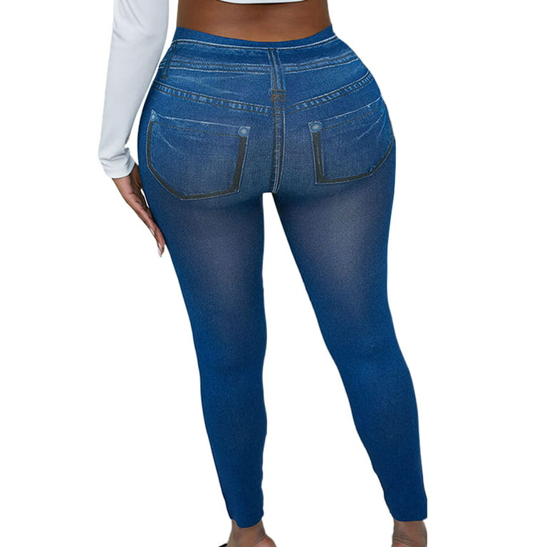 Capreze Women Faux Denim Pant Tummy Control Fake Jeans High Waist