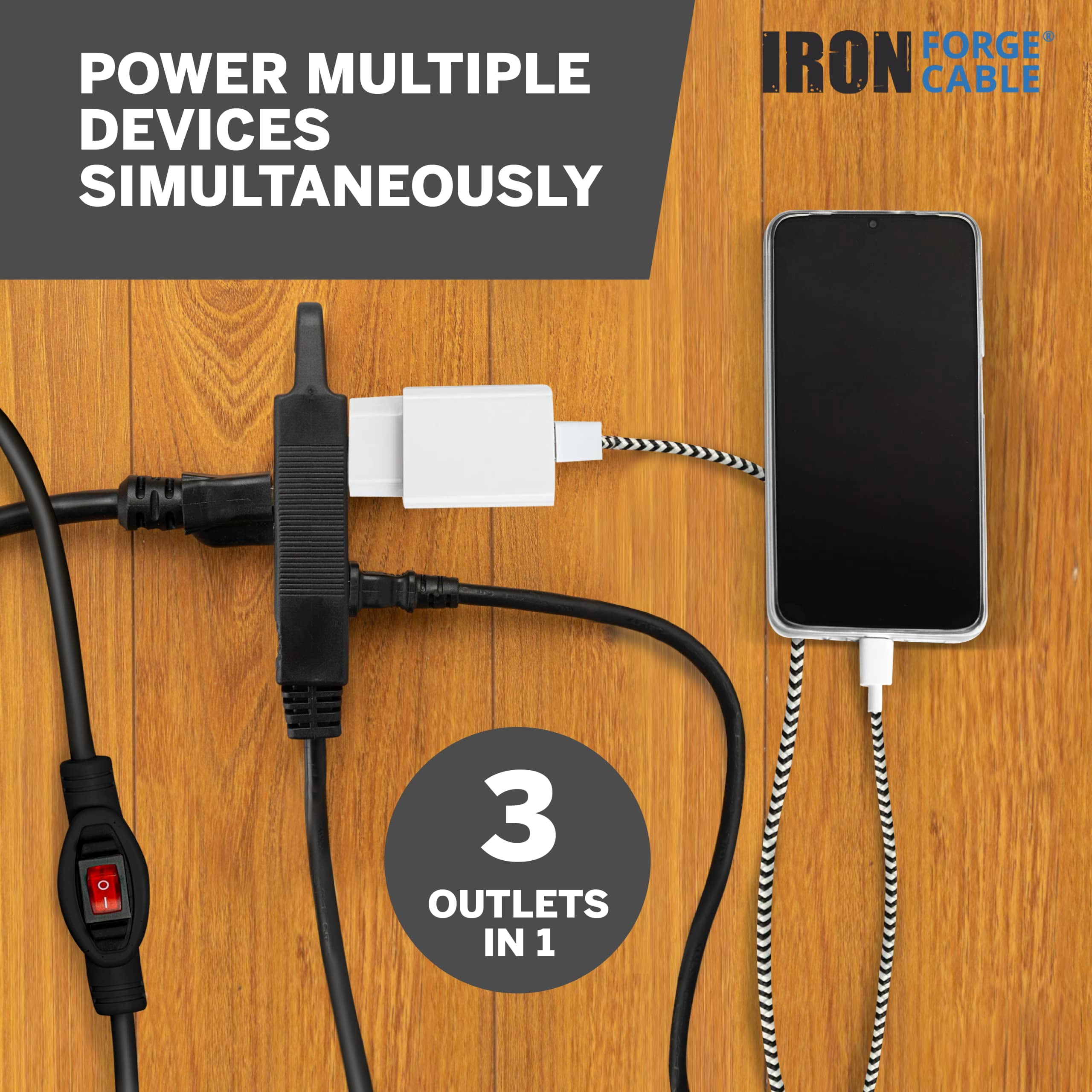 Iron Forge Cable 10 Ft 3 Outlets Black Extension Cord with Inline Switch On/Off, 16/3 SJTW 3 Prong with Hook for Hanging -10 AMP Cord - ETL Listed