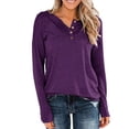 thumbnail image 1 of Blusa morada de manga larga con cuello redondo y botones: túnica informal holgada para mujer, talla L, 1 of 4