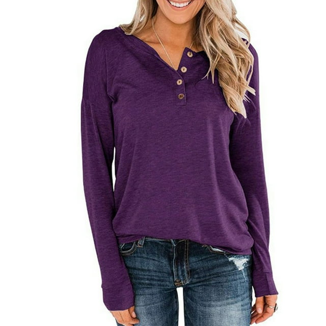 Blusa morada de manga larga con cuello redondo y botones: túnica informal holgada para mujer, talla L