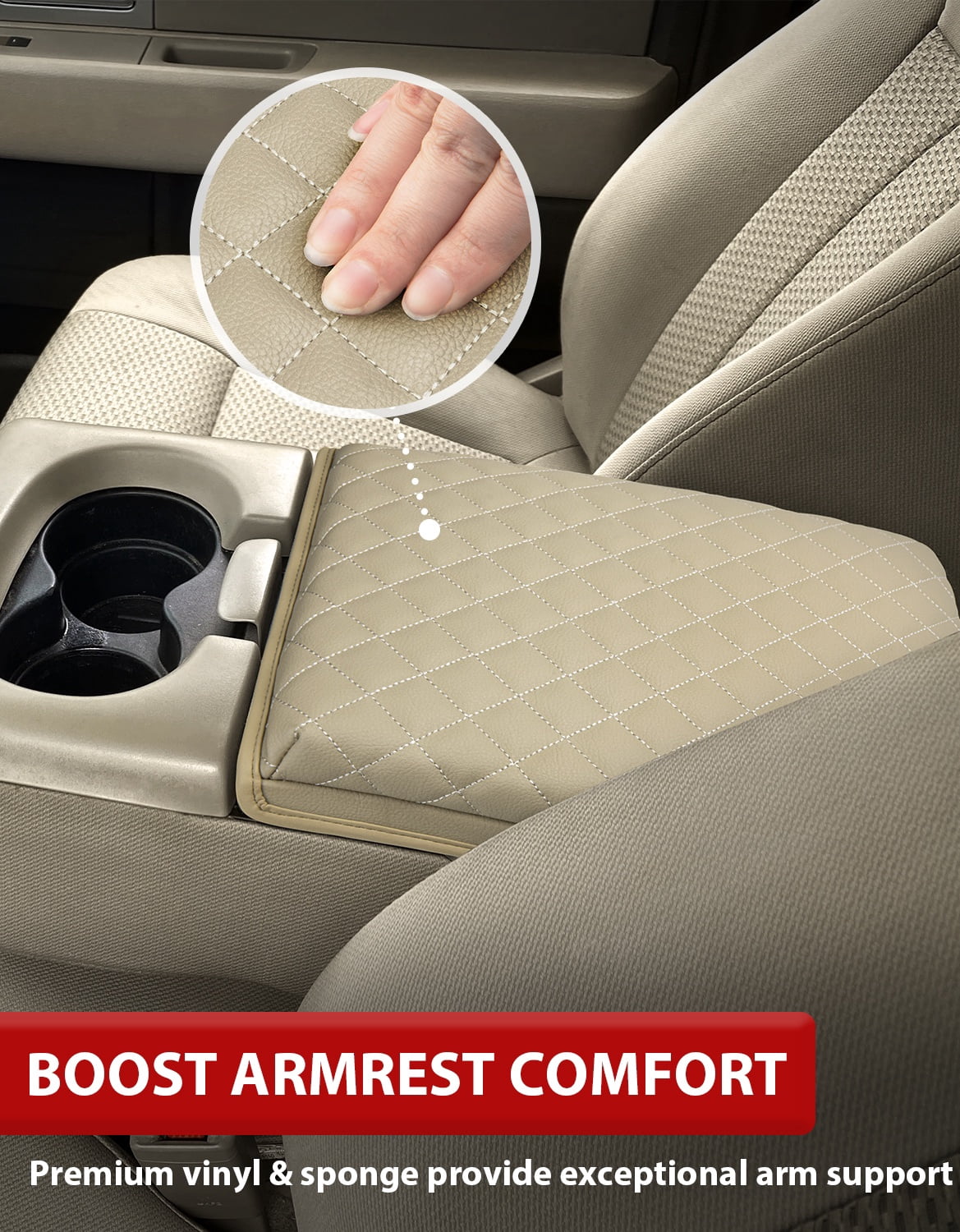 KBH Truck Center Console Cover for 2004-2010 Ford F150 with 40/20/40 Split Bench Jump Seat, Leather Middle Console Armrest Cover Cushion Pad for F150 Accessories Interior, Beige