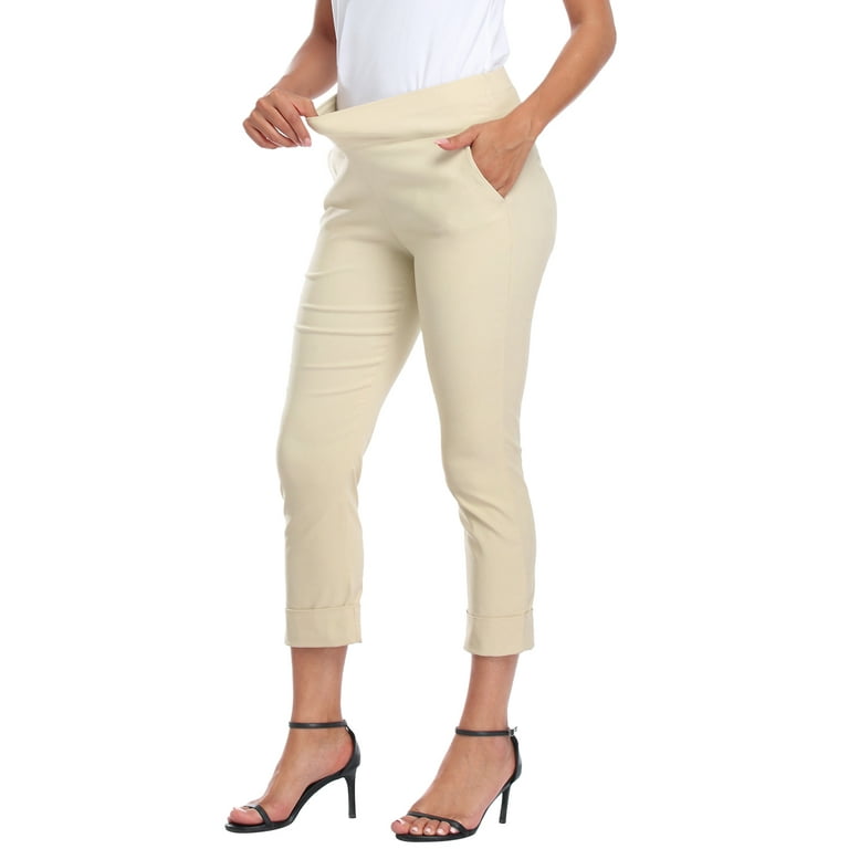 HDE Pull On Capri Pants For Women with Pockets Elastic Waist Cropped Pants  Khaki - S