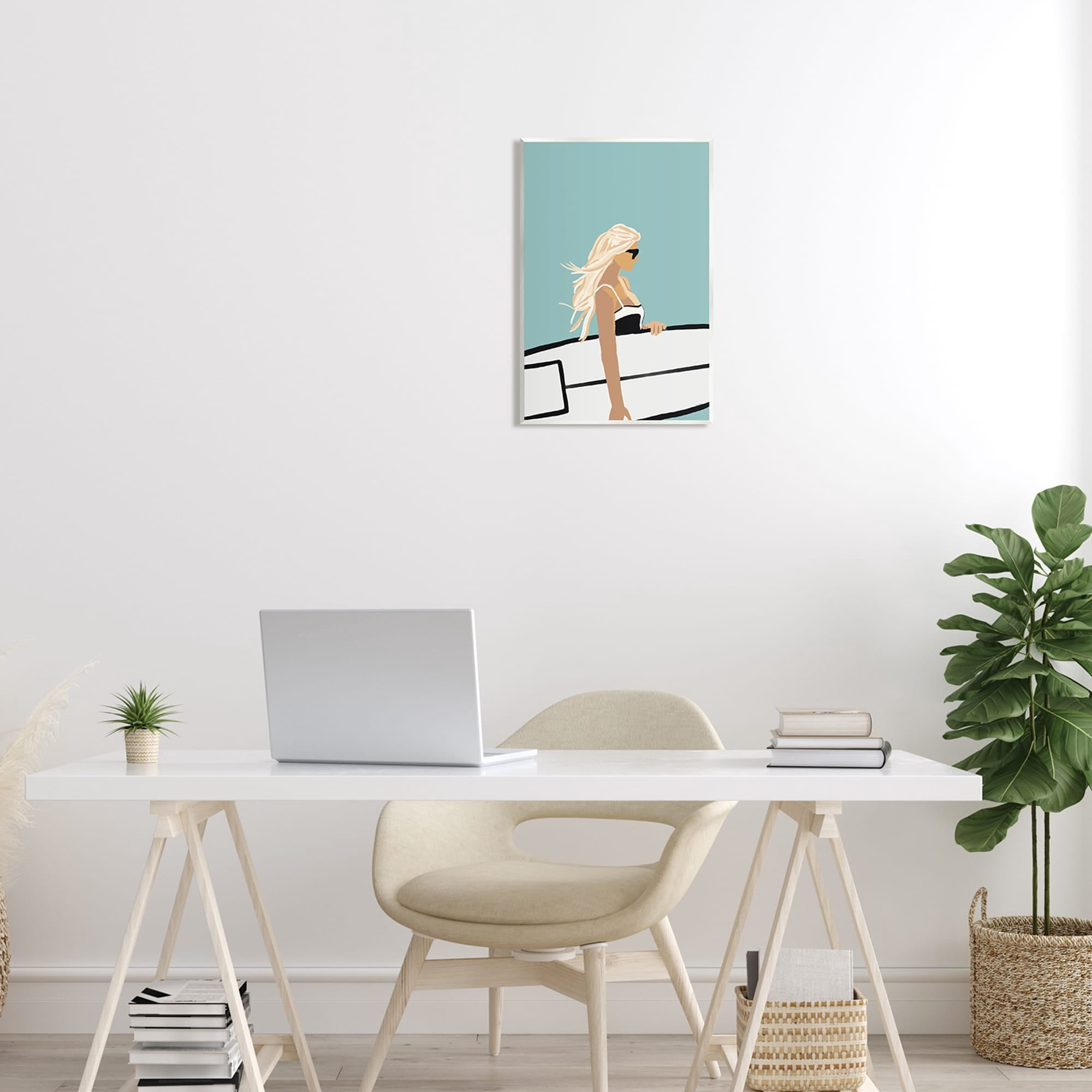 Stupell Industries Woman Carrying Surf Board Windblown Beach Hair Graphic Art Unframed Art Print Wall Art, Design by Amelia Noyes