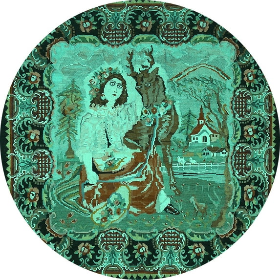 Ahgly Company Machine Washable Indoor Round Medallion Turquoise Blue French Area Rugs, 4' Round