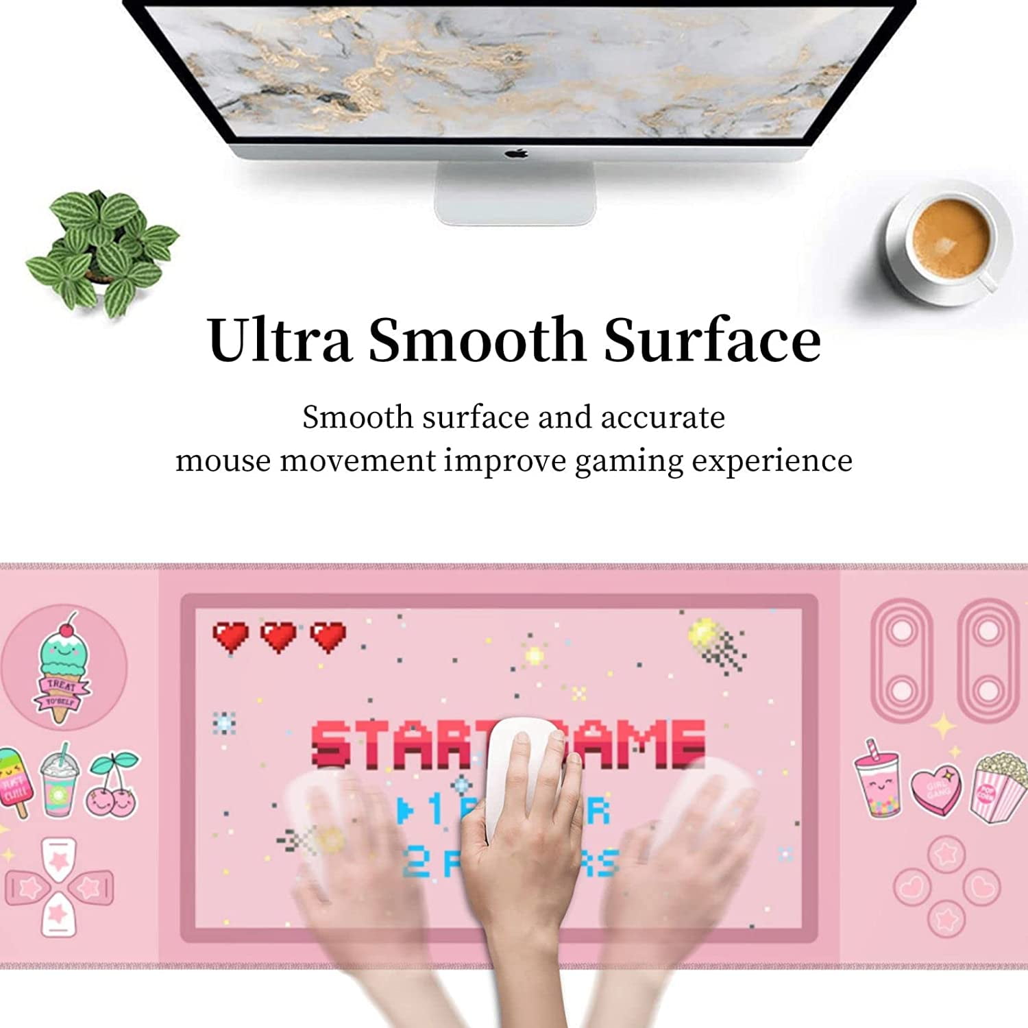 Kawaii Pink Gamer Gaming Mouse Pad XL, Large Extended Mousepad Desk Pad, Long Nonslip Rubber Mice Mats Stitched Edges Playmat for Office Home Gamer, 31.5x11.8 Inch