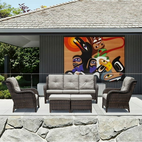 POCASSY Wicker Rattan 5 Piece Complete Patio Set with Cushions