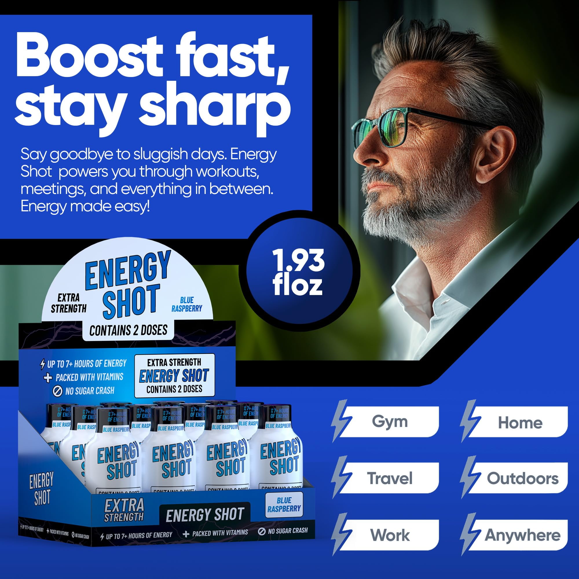 Grade A Quality Blue Raspberry Extra Strength Shot, 24 Pack – 260mg Natural Caffeine, B12 & B6, 2 Servings, Zero Sugar, 1.93 fl oz
