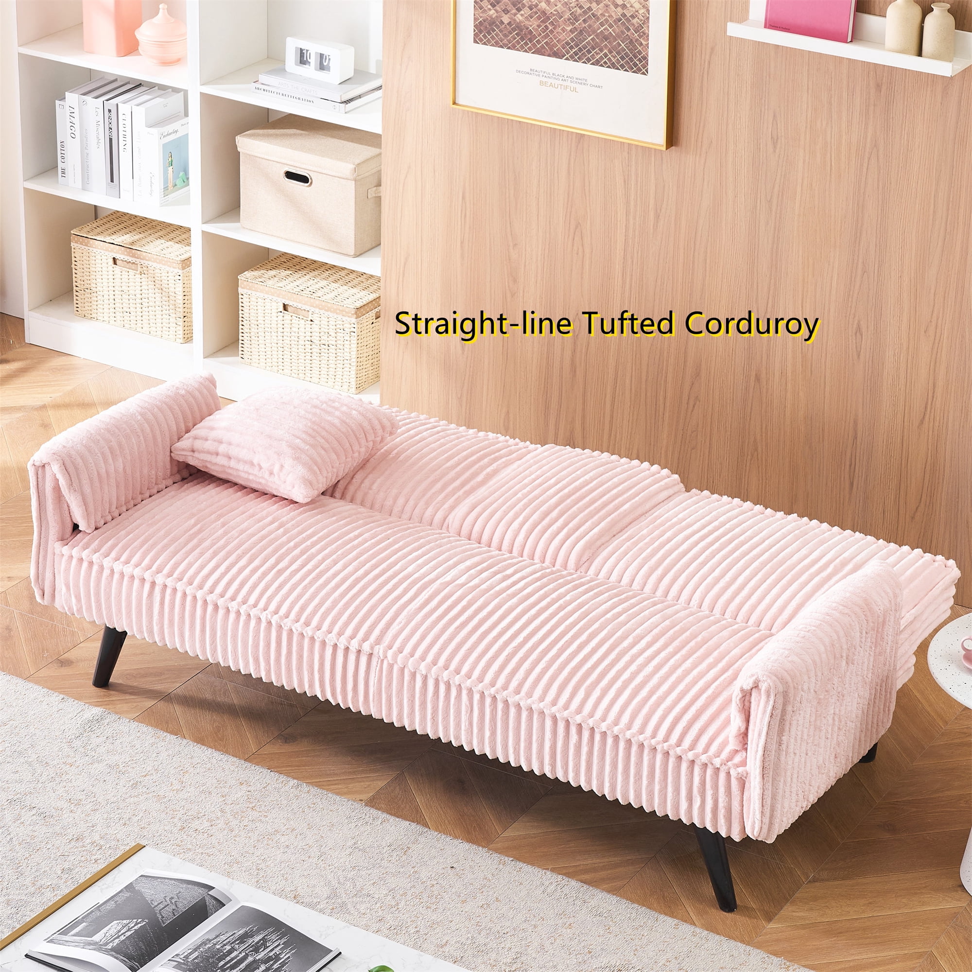 Aukfa 72" Futon Convertible Sofa Bed, 2 Cup Holders& Pillow, Straight-line Tufted Corduroy, Pink