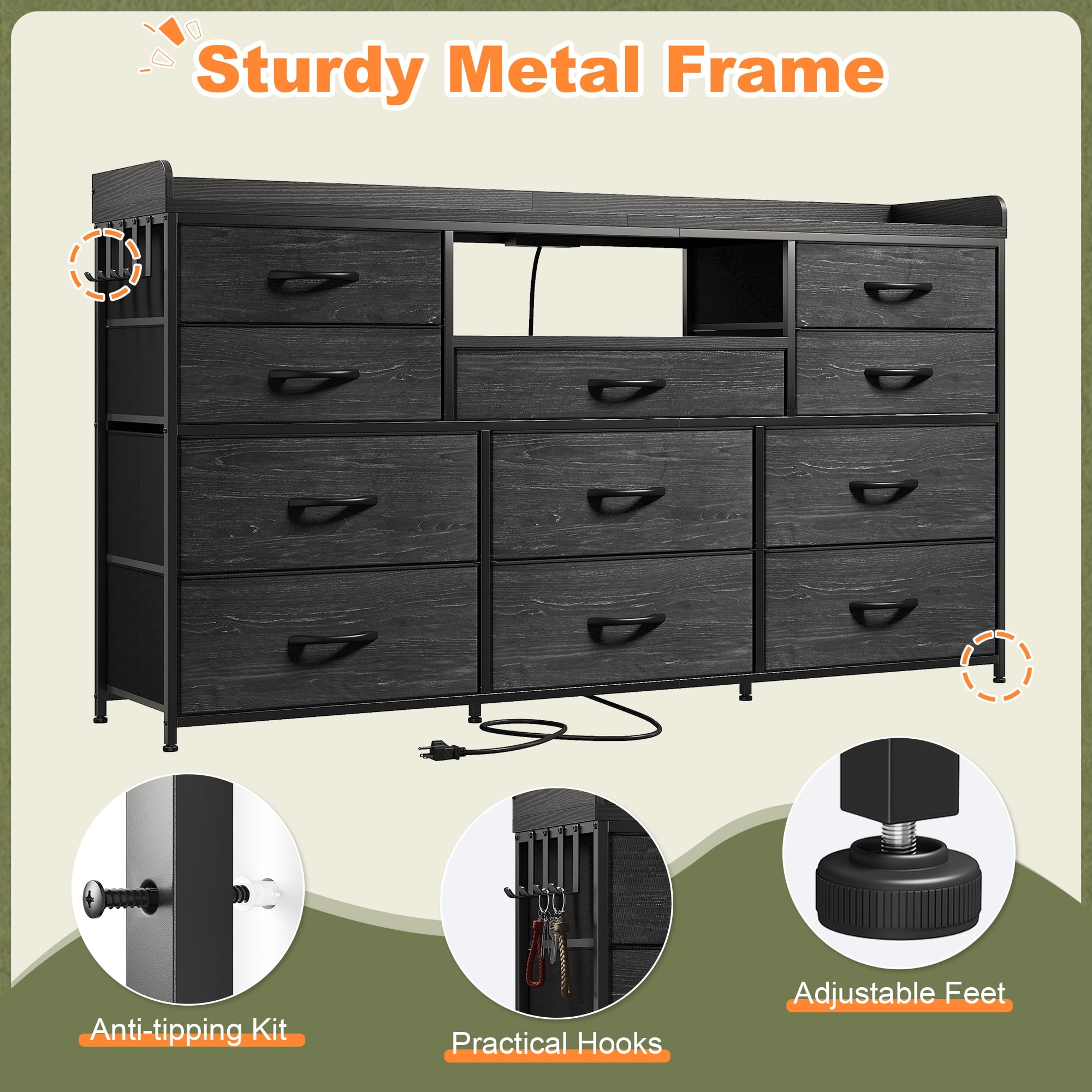 Black Dresser for Bedroom with 11 Drawers for 60" TV Stand with LED Lights & Charging Station Wide Dresser with Shelves & 4 Hooks Sturdy Metal Frame & Fabric Drawers & Wood Top