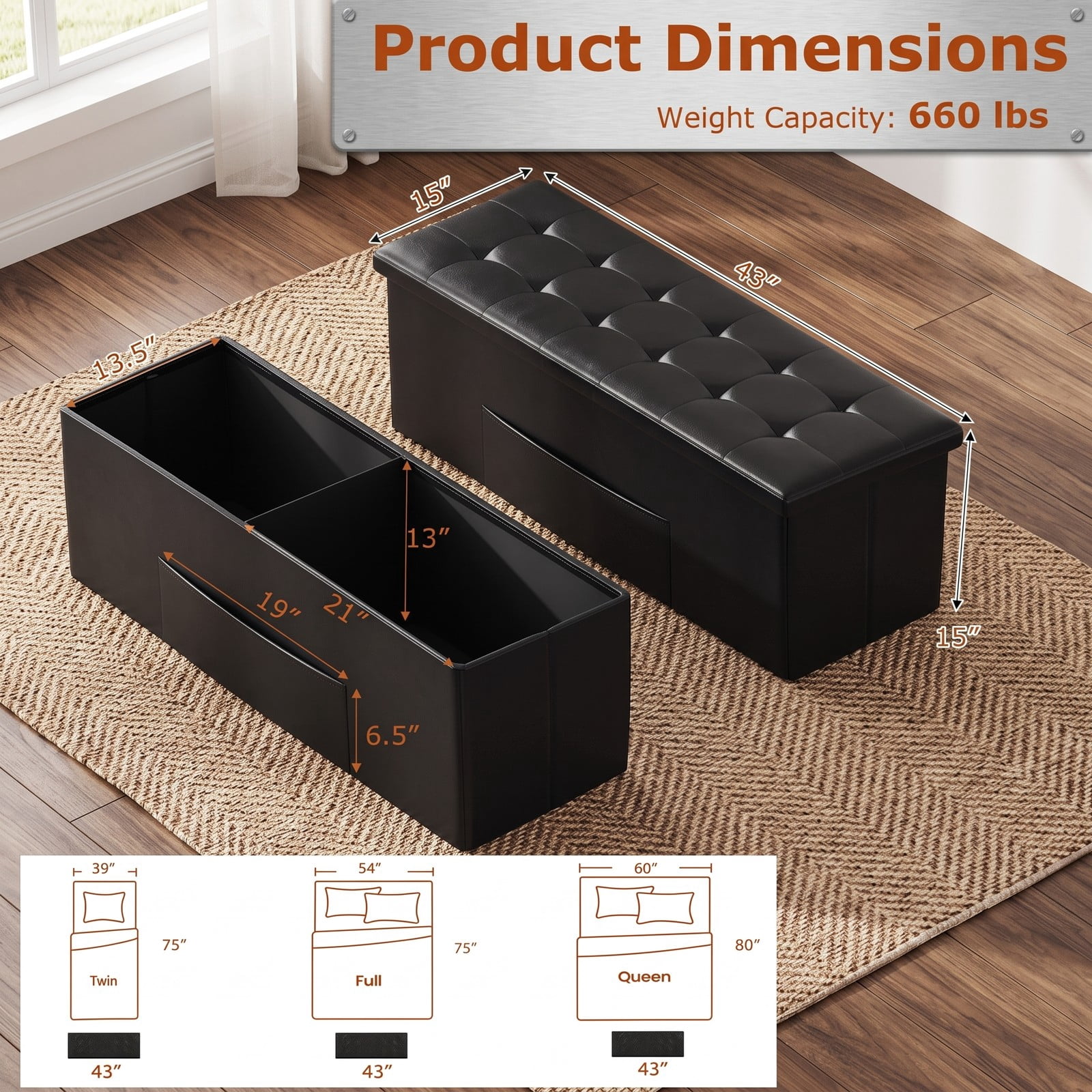 Furnibear 43 Inch Folding PU Leather Storage Ottoman Bench with Divider and Side Pocket for Living Room, Bedroom and Entryway, Black