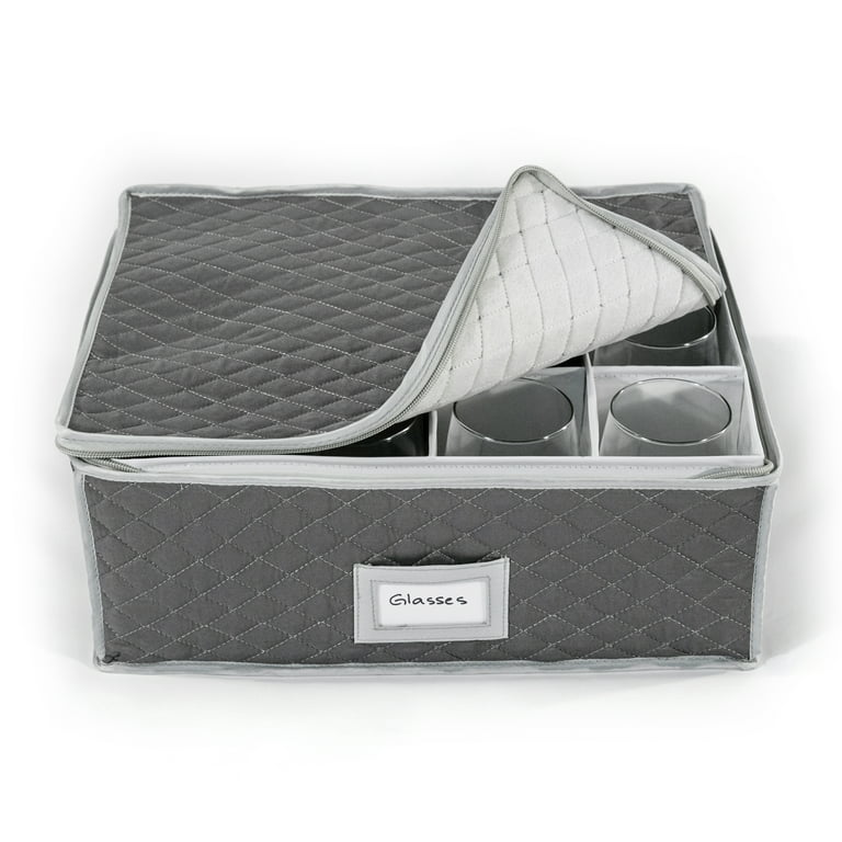 China Cup Storage Chest - Quilted Fabric Container in Gray Measuring 16 inch x 13 inch x 6 inchh - Perfect Storage Case for Coffee Cups - Tea Cups 