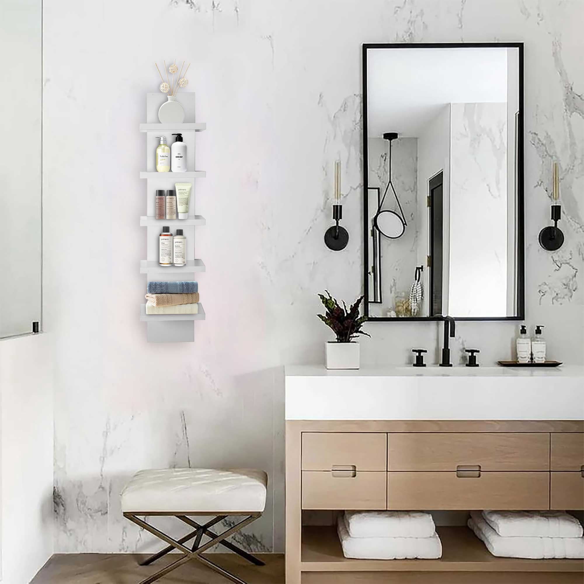 5 Tier Wall Shelf Unit, White Wall Shelf, Multifunctional Display Floating Shelf, Bedroom and Home Decor Organizer