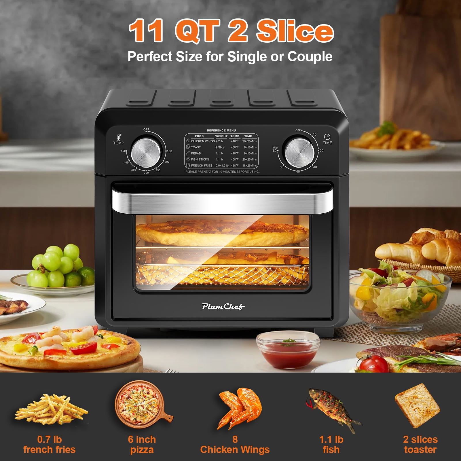 Plum Chef 11QT Air Fryer Toaster Oven, 6-in-1 Countertop Oven with 60-Min Timer, 1000W, 5 Preset Menus, Oil-Free Cooking, Includes Accessories – Ideal Holiday Gift