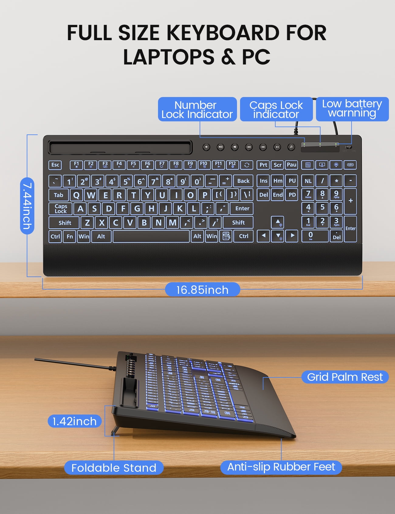 Large Print Wired Backlit Keyboard with Wrist Rest, Phone Holder, Backlight Memory, Quiet Keys, Ergonomic Keyboard for PC Laptop