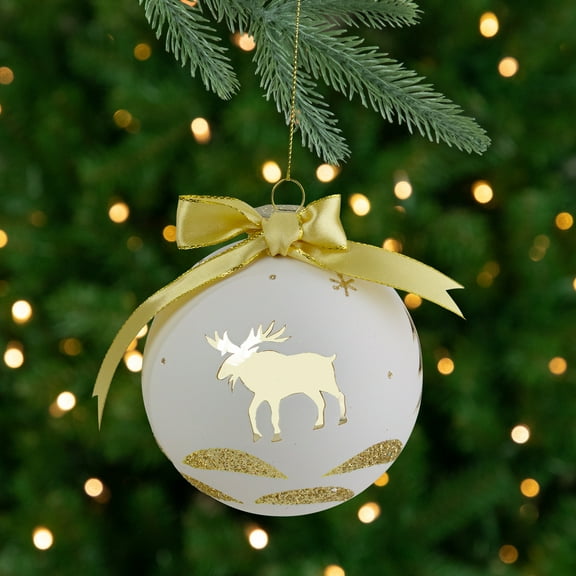 Northlight Moose Christmas Glass Ball Ornament - Gold and White - 4"