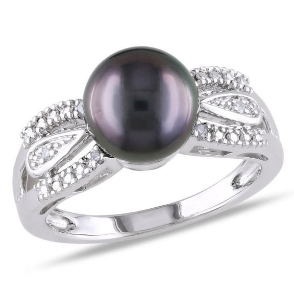 AMOUR 9 - 9.5 Mm Black Tahitian Pearl and Diamond Split Shank Ring In Sterling Silver