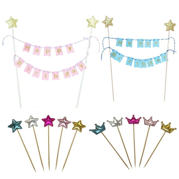 Happy Birthday Cake Topper, Unique Design Bunting Banner For Decorating Medium-Sized Cakes With Glitter Cake Topper Cake Gold Star Flag, Pink, 2-Piece