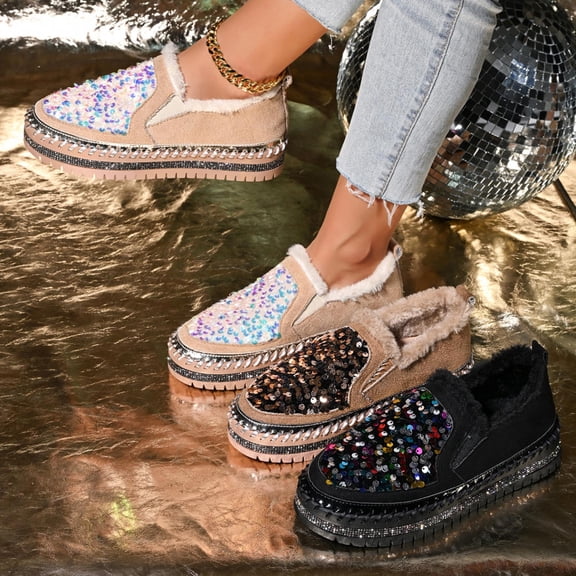 Hinvhai Women's Rhinestones Glitter Slip on Fleece Sneakers,Thick-Soled Platform Loafers Fashionable Round Toe Casual Shoes Khaki 9.5(43)