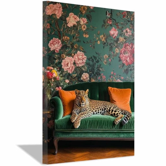 Mudket Framed Leopard on Green Velvet Sofa Canvas Wall Art, Floral Wallpaper Animal Print Wall Decor, Ready to Hang for Living Room - 12"L x 8"W