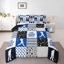 Homewish Modern Golf Sport Full Size Comforter Sets for Boys, Blue Patchwork Plaid Bedding Comforter Set, Cartoon Stars Print Reversible Bedding Sets, Super Cozy Room Decor, 3 Pieces